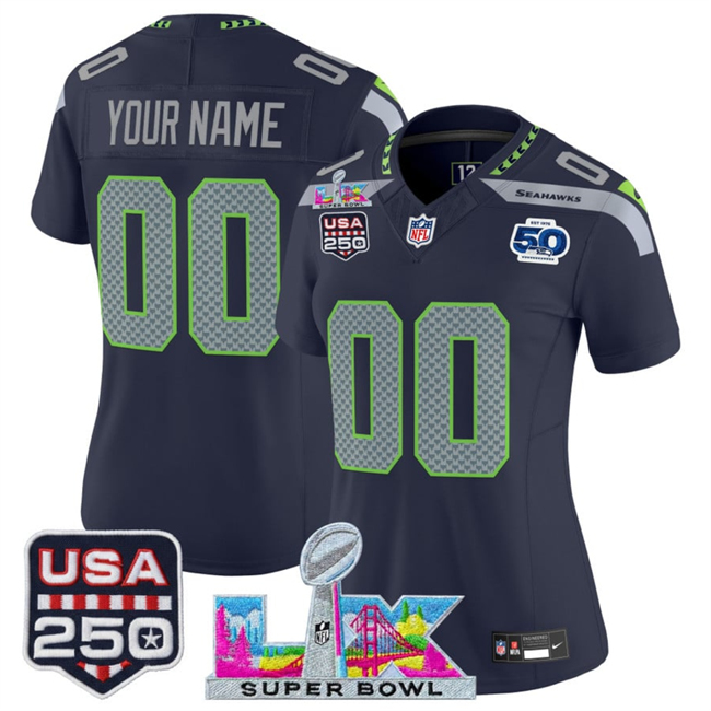 Women's Seattle Seahawks Active Player Custom Navy 2025 F.U.S.E. Super Bowl LX Patch And 50th Season & USA 250' Patch Vapor Limited Football Stitched Jersey(Run Small)